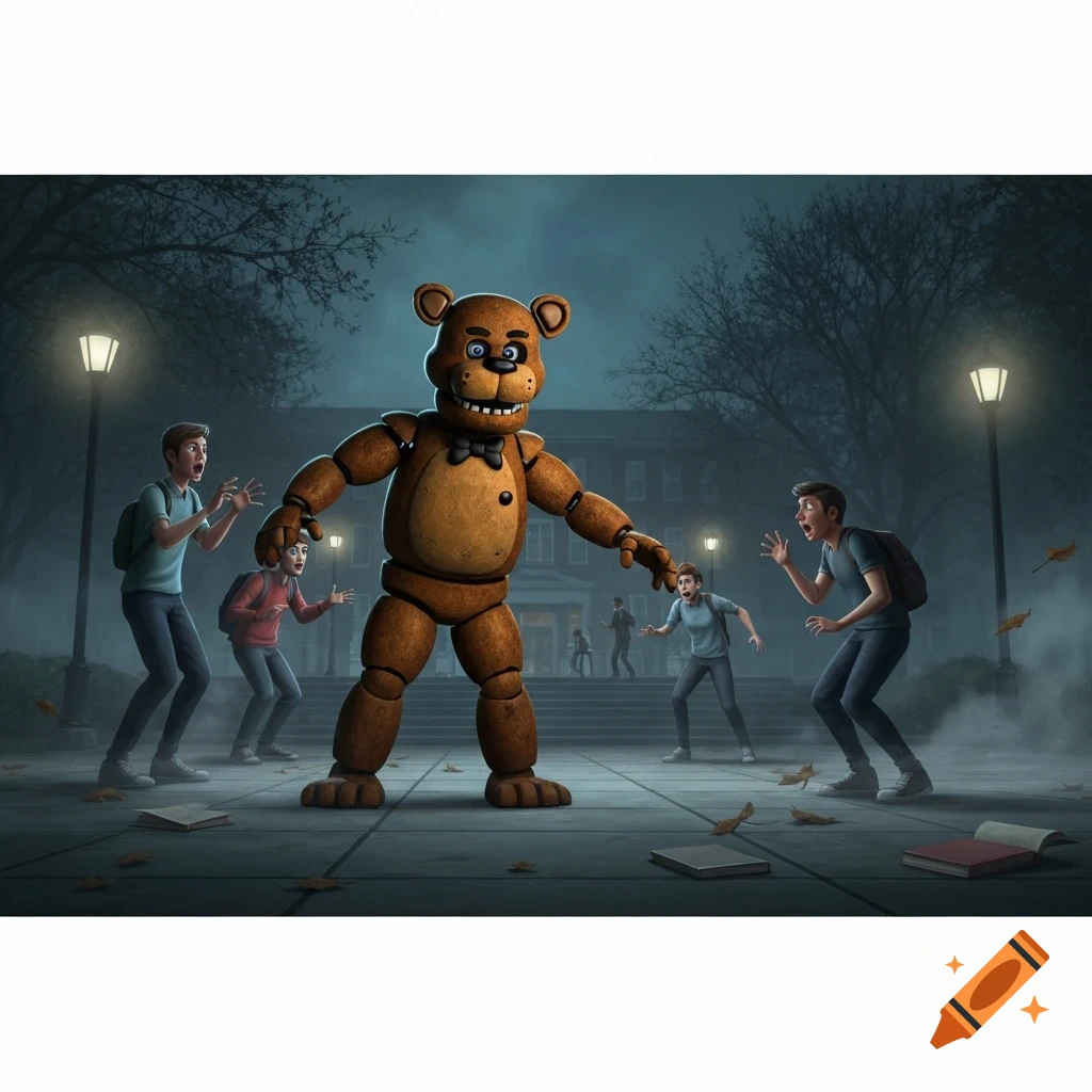 A massive Freddy Fazbear animatronic stands in the middle of a dark college campus, startling several students who react with fear.
