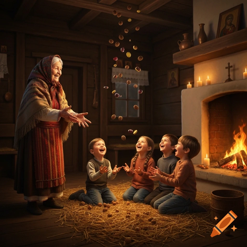 An elderly woman in traditional clothing throws treats into the air for four laughing children kneeling on straw by a fireplace in a rustic home, photorealistic.