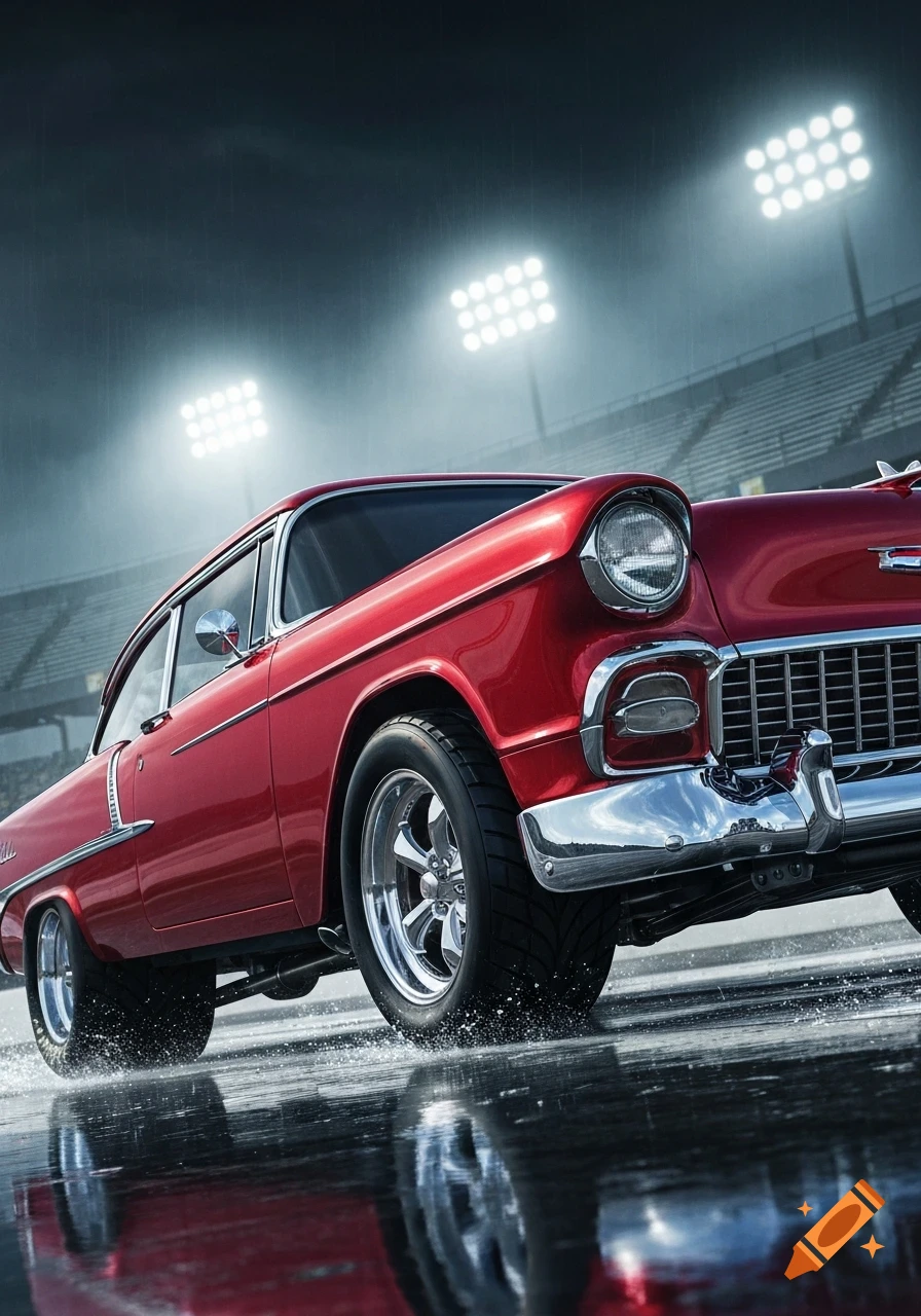 A gleaming red 1955 Chevy with racing wheels splashes through water on a track at night, under bright stadium lights. Photorealistic style.