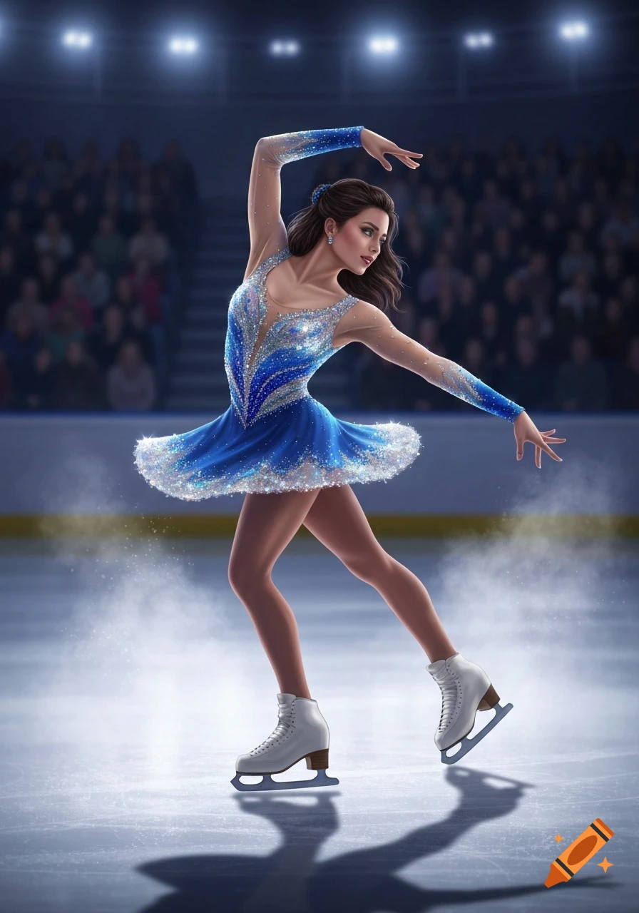 Photorealistic image of a graceful brunette figure skater in a sparkling blue and silver costume on an ice rink, with a blurred audience.