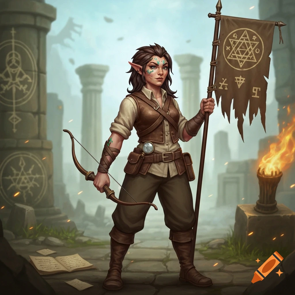 A female elf investigator in adventuring gear, holding a shortbow and a tattered banner with arcane symbols, stands in ancient ruins.
