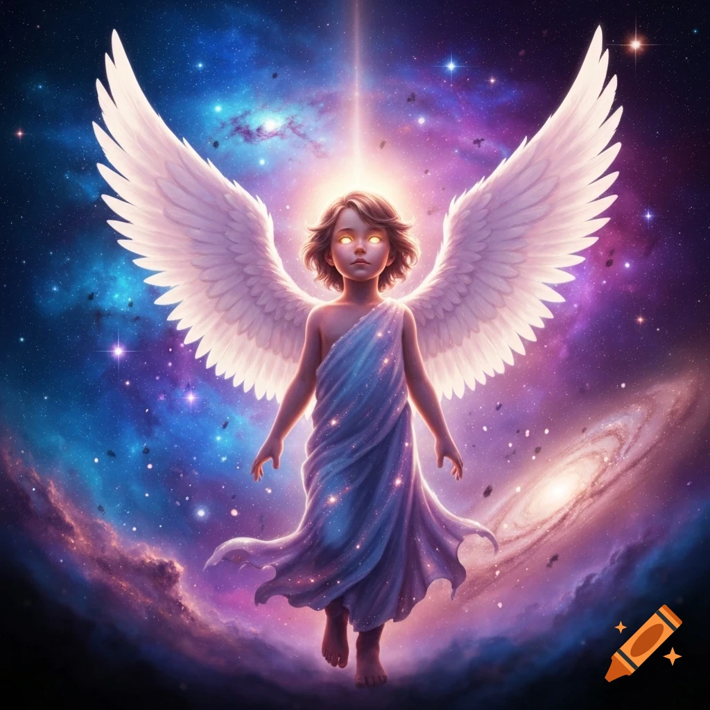 A child-like seraphim with large white wings, glowing eyes, and a light blue toga levitates in a vibrant cosmic galaxy.