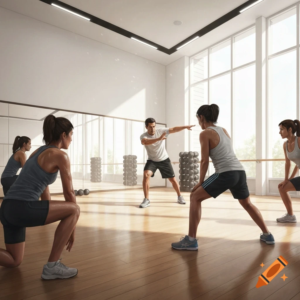 A diverse group of people exercising in a brightly lit gym with large windows and mirrors.