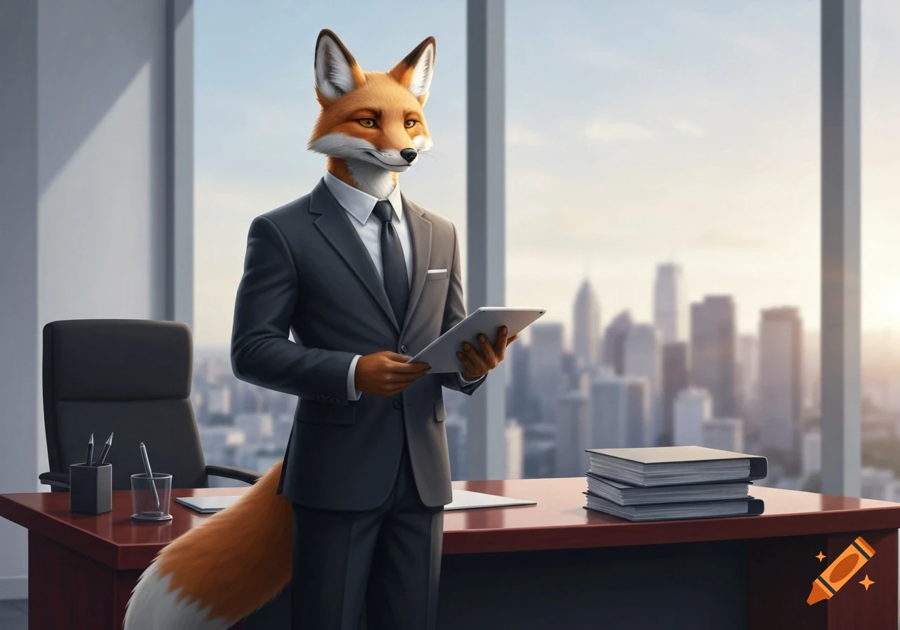 An anthropomorphic fox in a dark suit holds a tablet in a modern office with a city view at sunset.