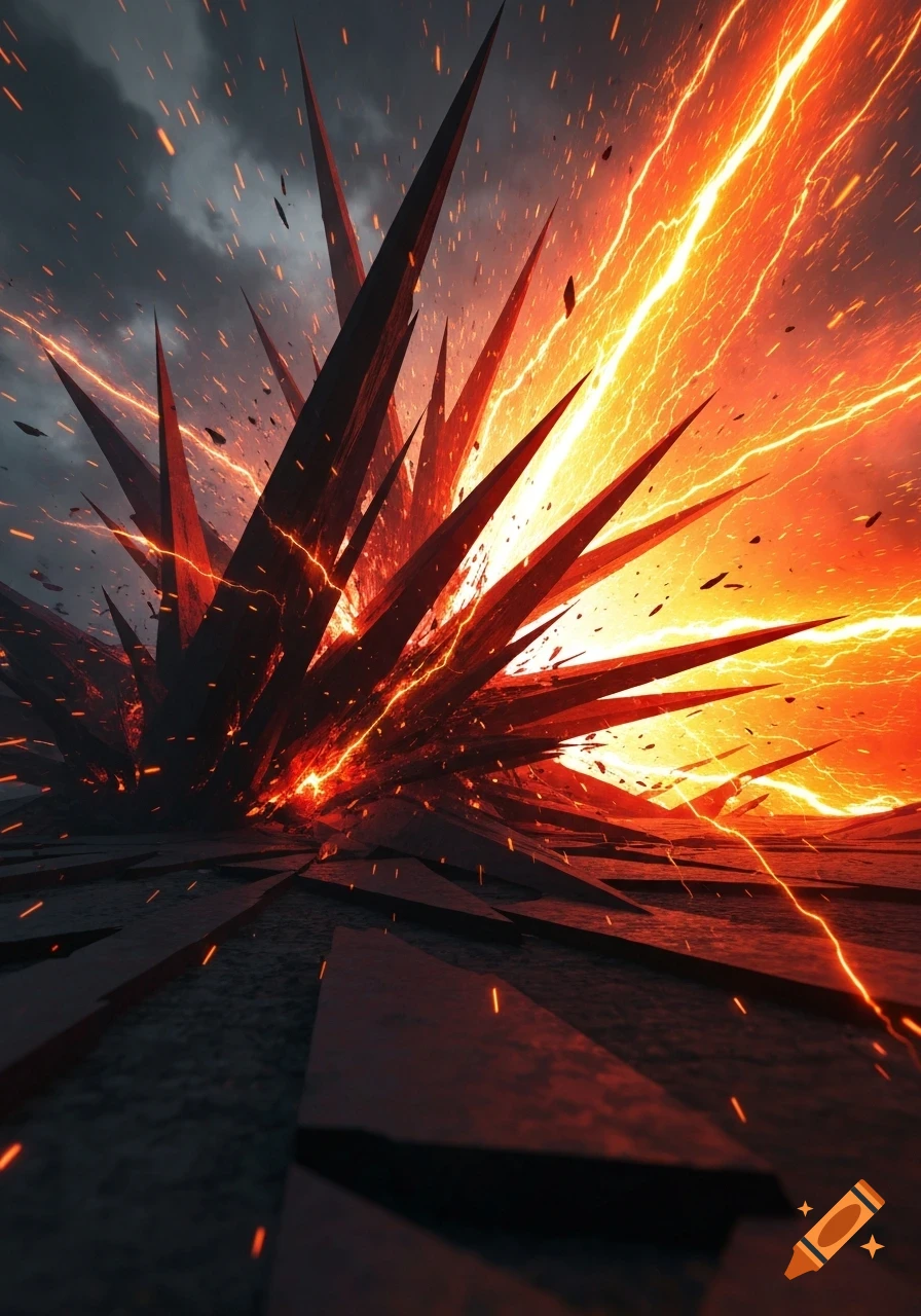 Jagged dark crystals explode upwards amidst a bright orange and yellow lightning storm against a dark, cloudy sky.