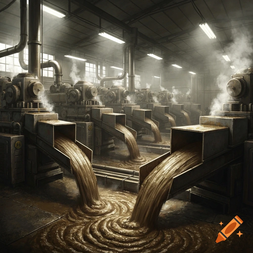 Dark, atmospheric industrial factory interior with multiple machines discharging thick, brown, slushy liquid onto the floor, creating swirls.