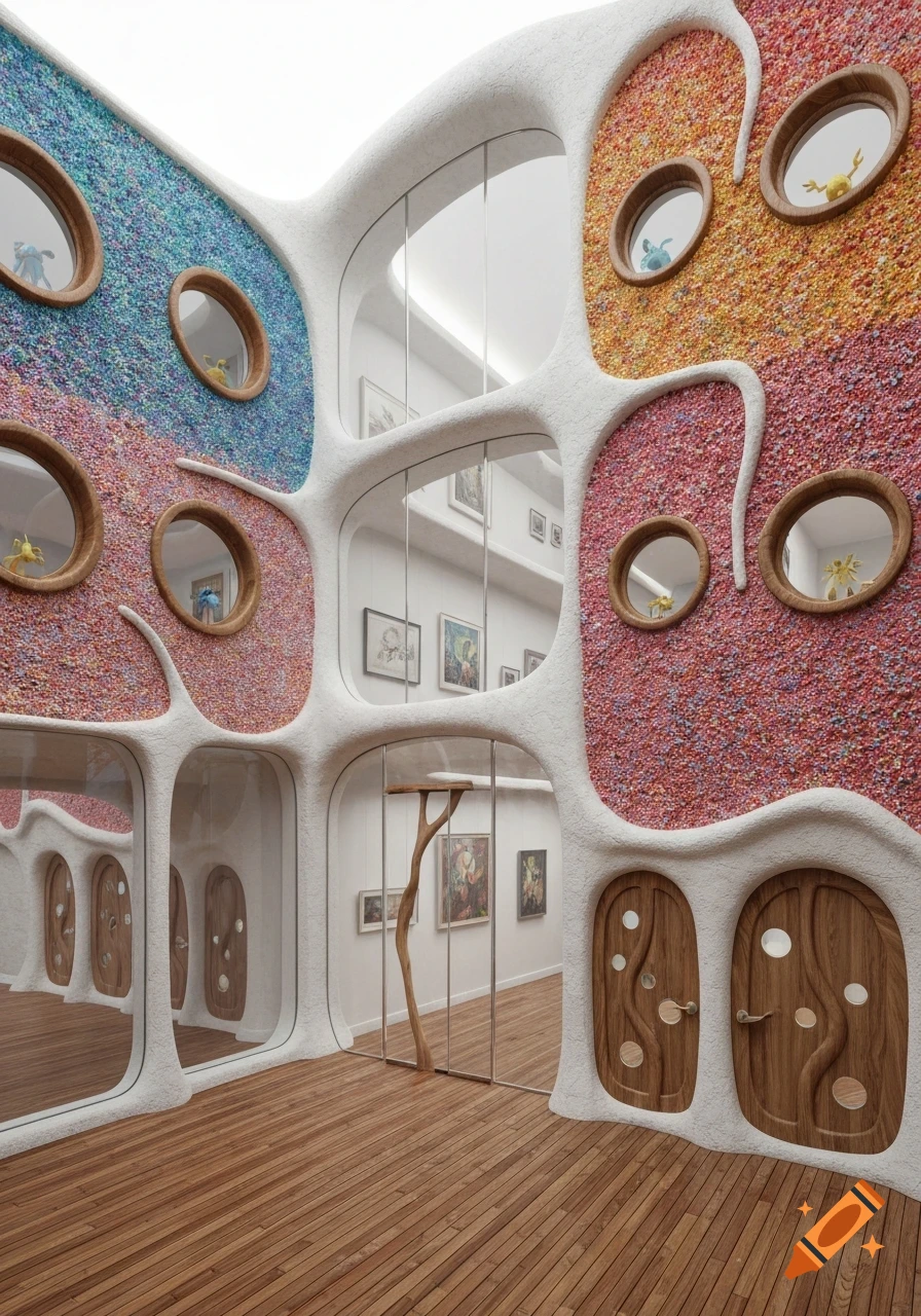 An organic art nouveau interior with textured, colorful walls, round windows, carved wooden doors, and wood plank floors.