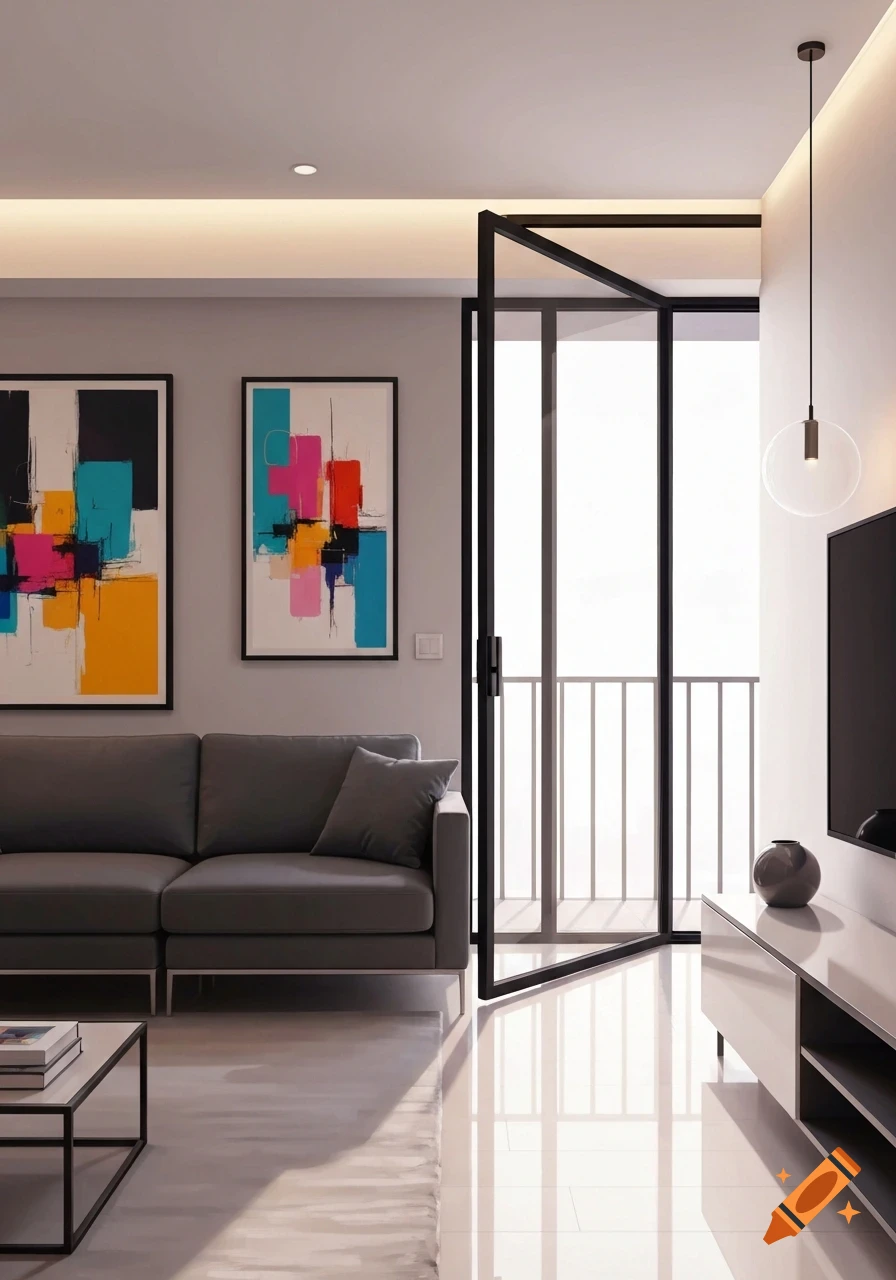 A modern living room with a grey sofa, abstract art, a glass balcony door, and a minimalist pendant light, in a photorealistic style.