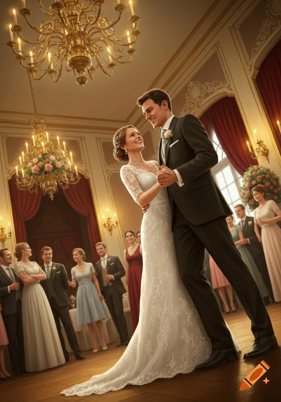 A smiling bride and groom dance in an elegant ballroom under chandeliers, with guests watching in the background.
