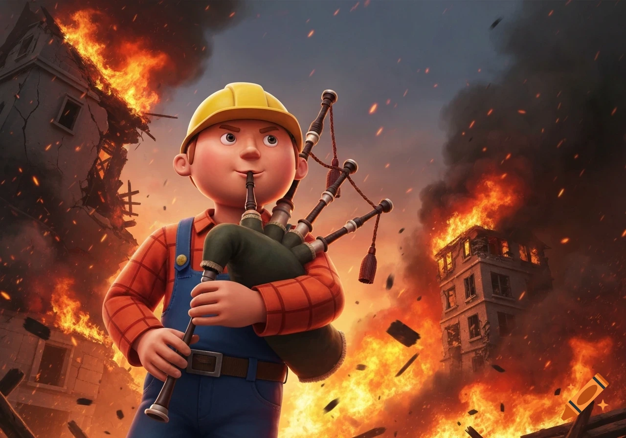 A cartoon Bob the Builder character in a yellow hard hat and overalls plays the bagpipes amidst burning, destroyed buildings and an orange sky.