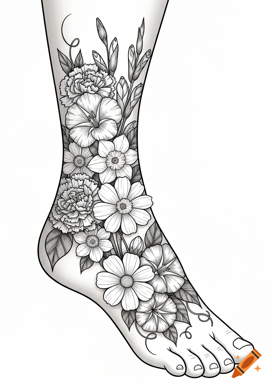 Black and white line art illustration of a floral tattoo design on a foot and lower leg, featuring carnations, daffodils, cosmos, gladiolus, and morning glory.