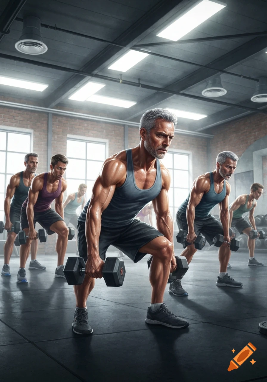 Muscular men, including a prominent silver-haired man, lift dumbbells in a modern gym, focusing on strength training.