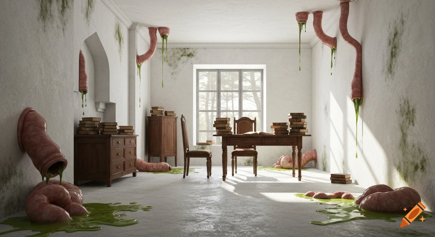 A photorealistic image of a moldy, dilapidated room with fleshy, intestine-like pipes leaking green slime from walls and ceiling.