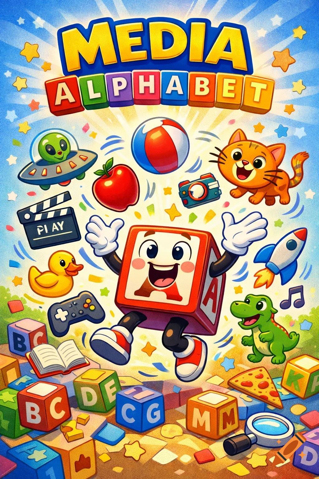 Colorful, whimsical poster for a 'Media Alphabet' game, featuring an alphabet block character surrounded by various objects like a UFO, cat, rocket, and alphabet blocks.