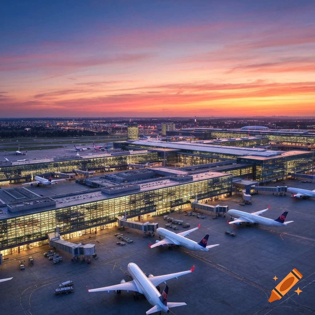 Aerial view of a large modern airport terminal with multiple airplanes at gates under a colorful sunset sky, photorealistic.