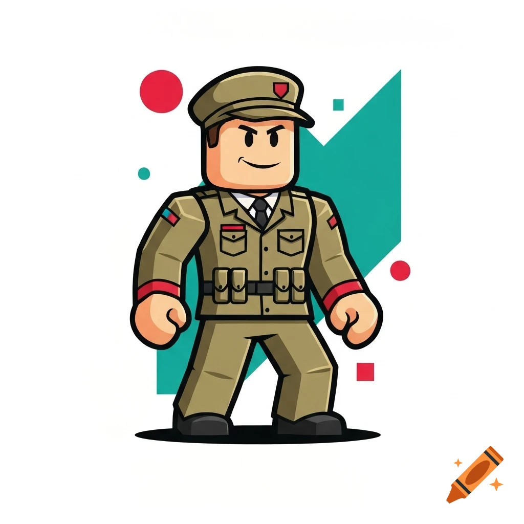 A stylized cartoon soldier with a Roblox-like design, wearing a khaki uniform and cap against a white background with abstract shapes.