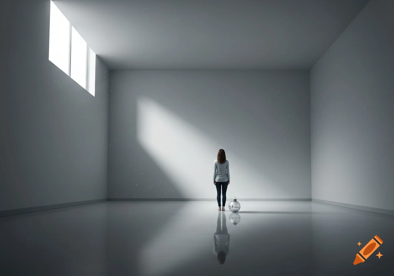 A woman stands in a stark, empty white room with a high window, a shiny Christmas ornament on the glossy floor near her feet.