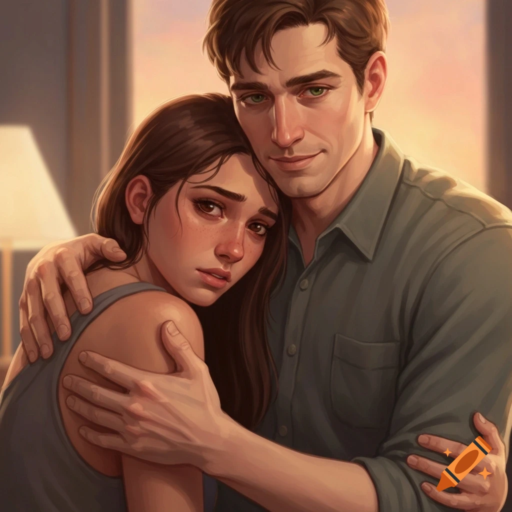 Illustrative portrait of a man with green eyes hugging an exhausted woman with brown eyes and long brown hair.
