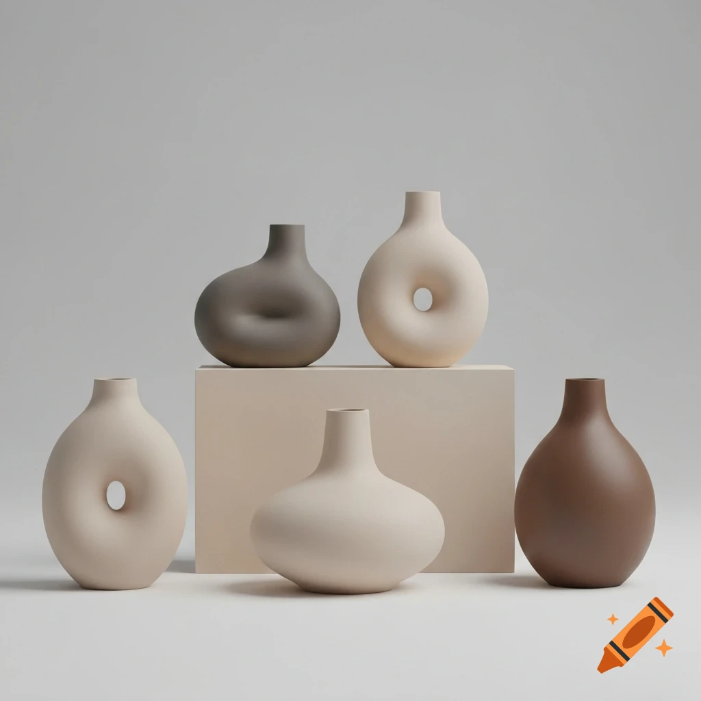 Five minimalist, sculptural vases in various neutral shades, some with circular cutouts, arranged on a light background with a cream block.