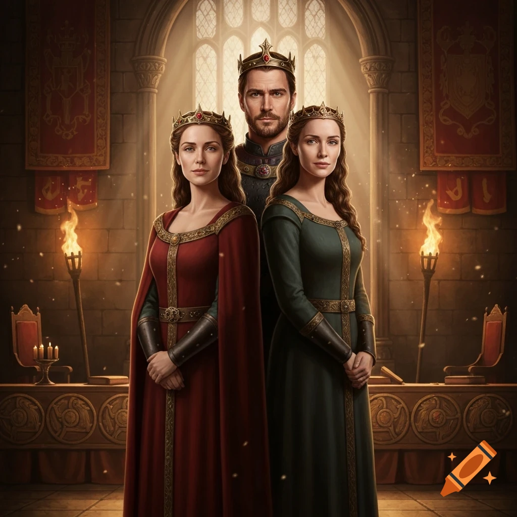 Three figures in medieval royal attire, a man and two women with crowns, stand in a grand hall with torches and banners.