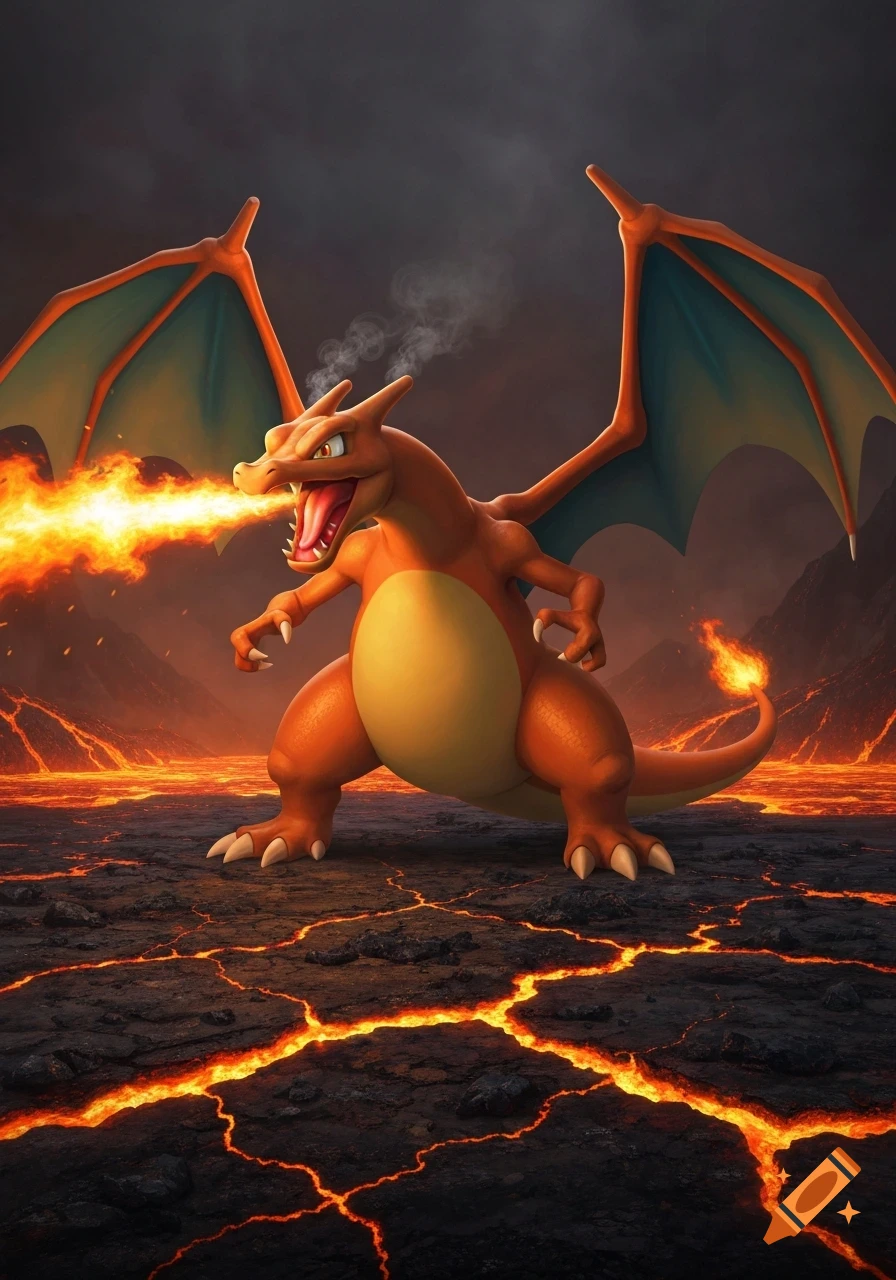 Realistic orange Charizard breathing fire in a dark volcanic landscape with glowing lava cracks.