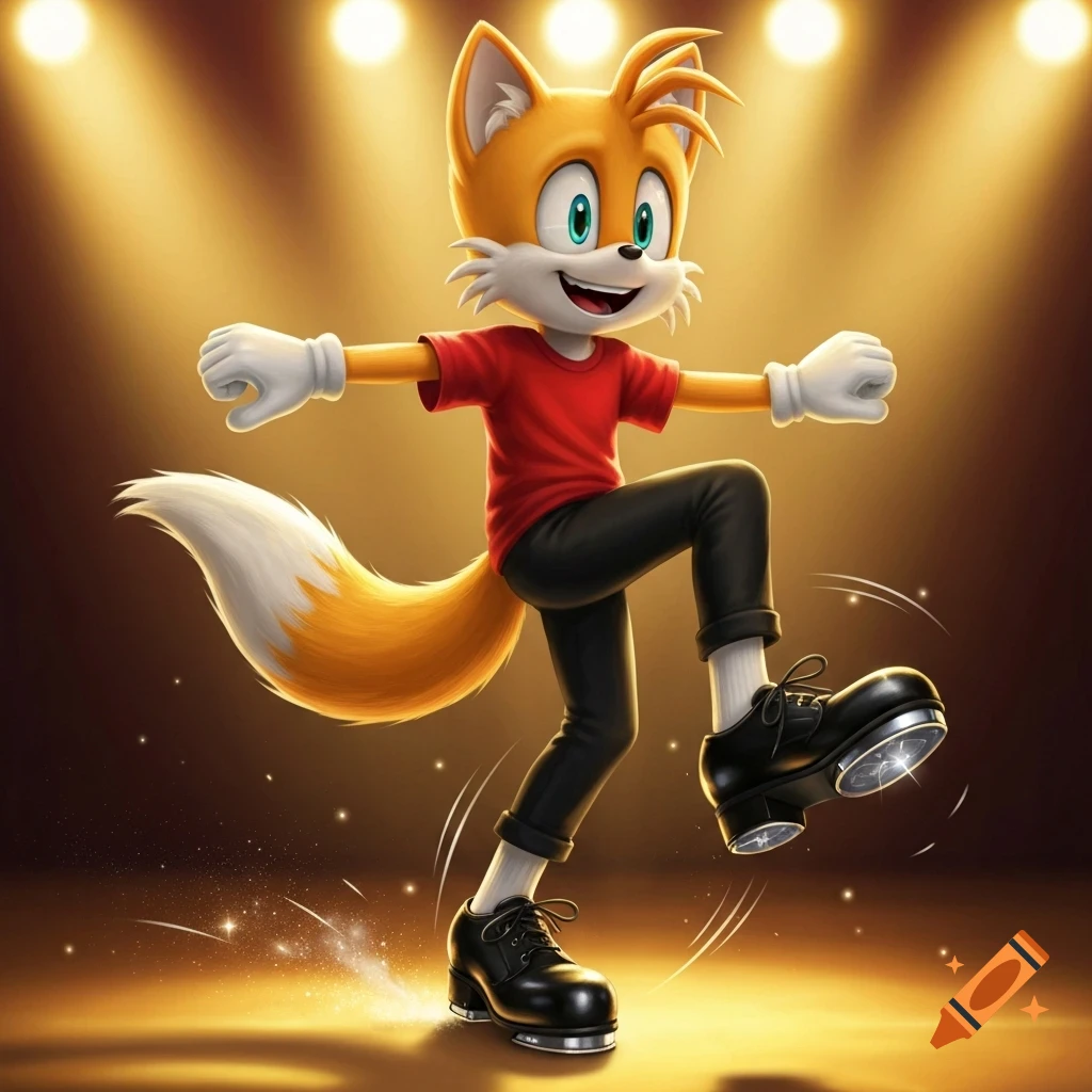 Tails from the Sonic movie tap dancing on a spotlighted stage, wearing a red t-shirt, black pants, and tap shoes.