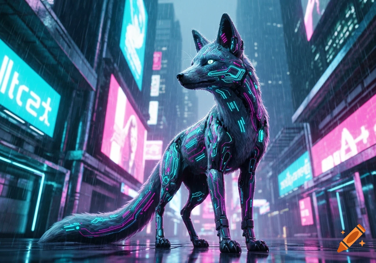 A glowing cybernetic fox stands in a rainy, neon-lit cyberpunk city street.