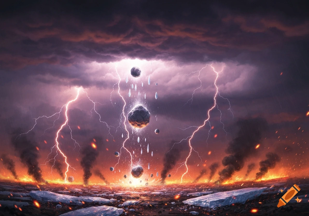 Dramatic storm with lightning, meteors falling through dark clouds onto a fiery, icy landscape.