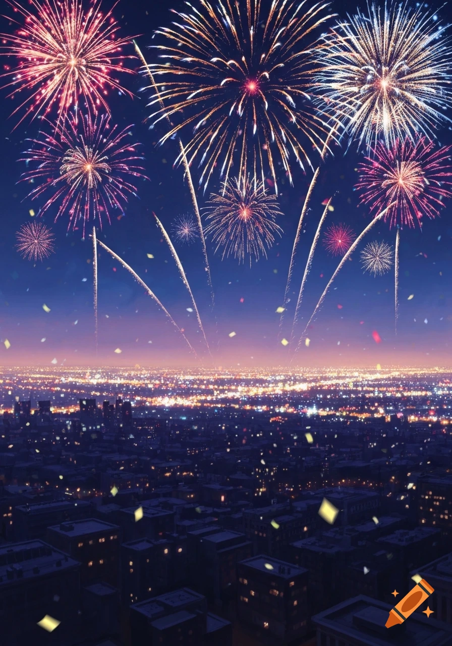 Vibrant colorful fireworks explode above a sprawling night cityscape with city lights and falling confetti.