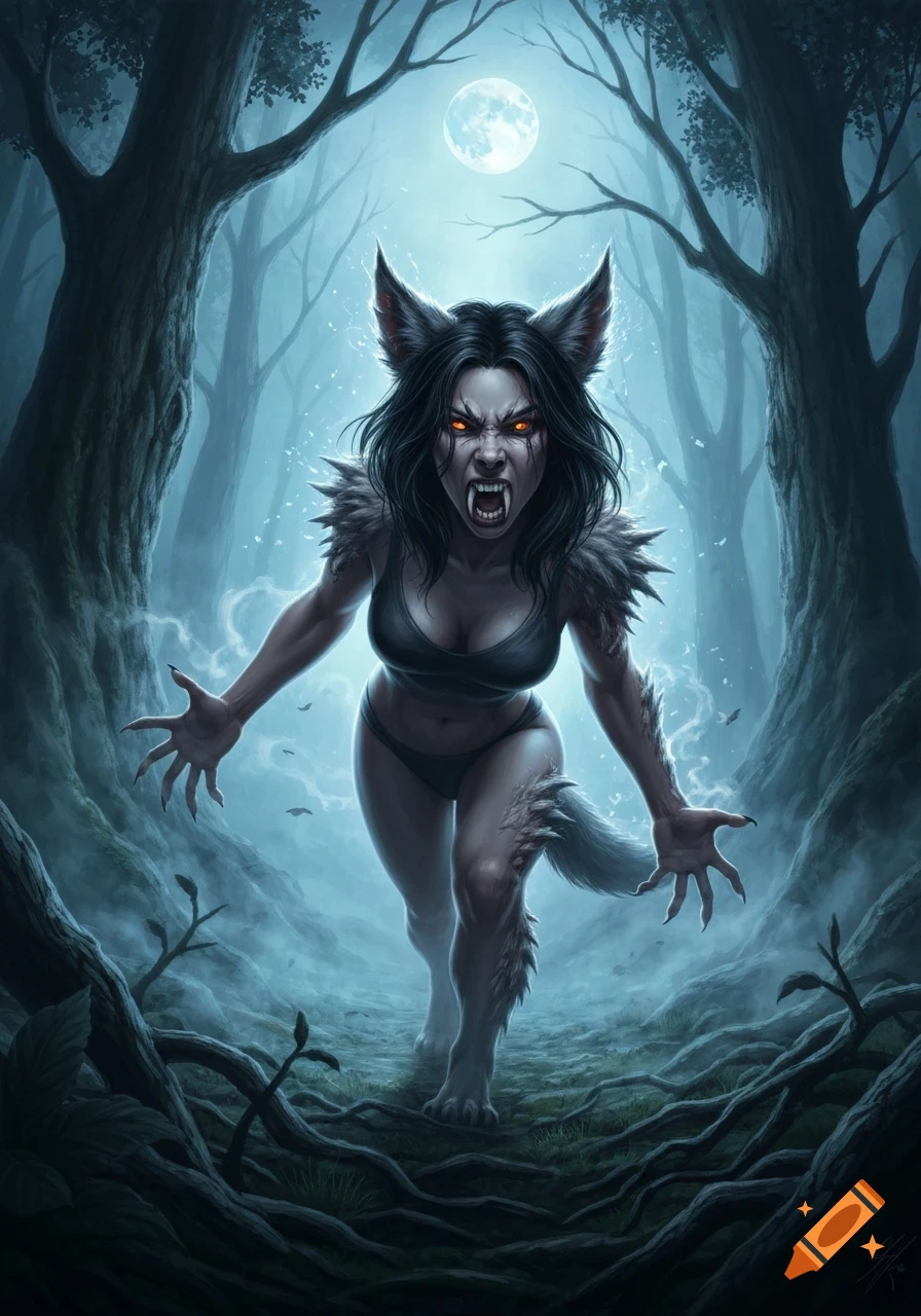 A snarling dark-haired woman with glowing eyes and claws mid-werewolf transformation runs through a moonlit, misty forest.