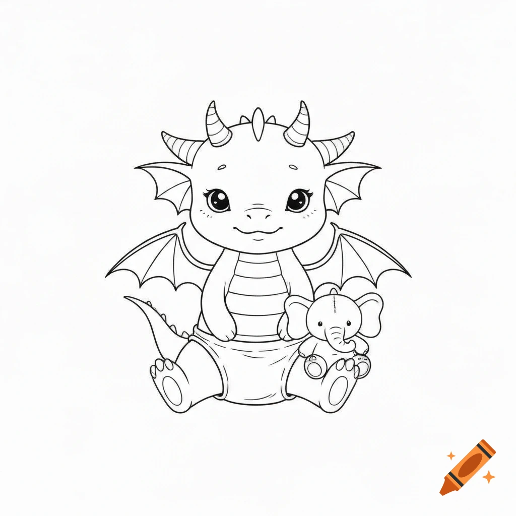Minimalist black and white line art of a cute baby dragon in a diaper holding an elephant plush.