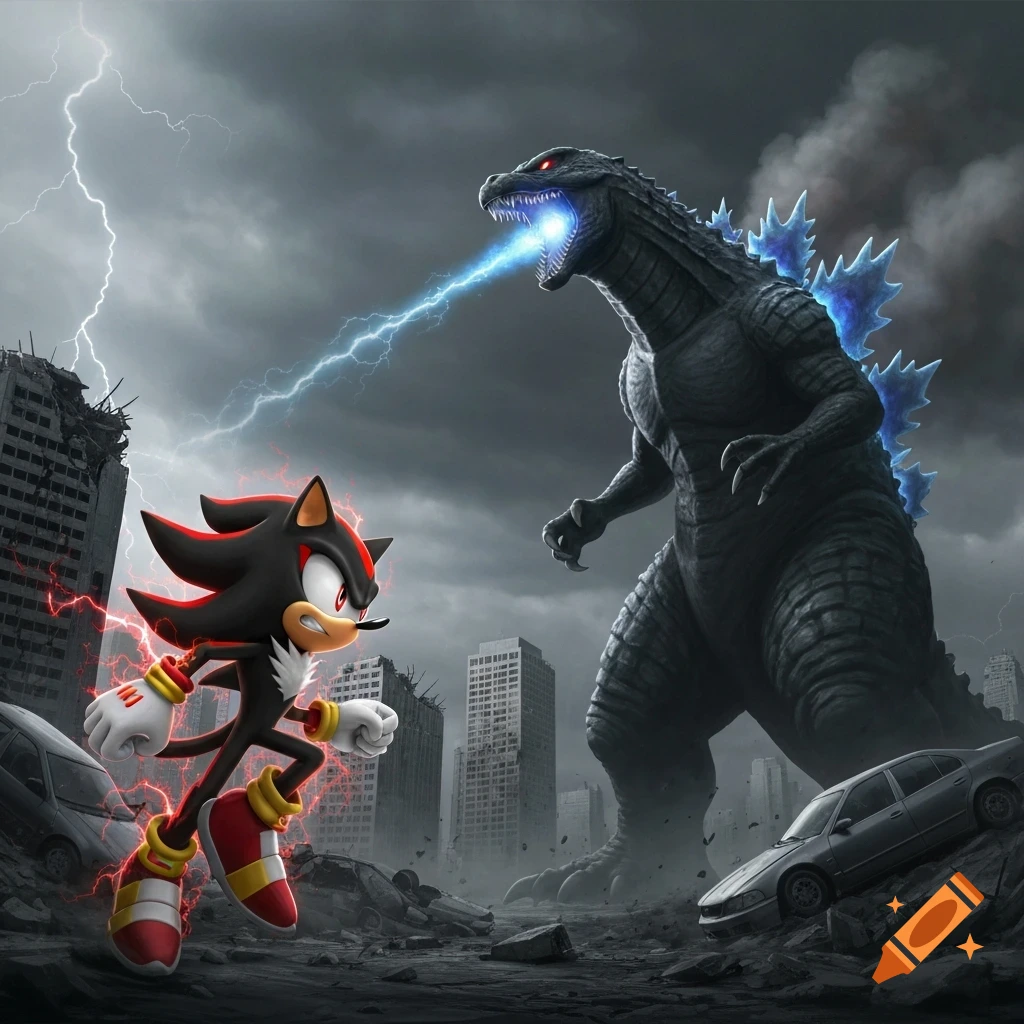 Shadow the Hedgehog stands against Godzilla, who breathes atomic breath, in a ruined city under a stormy, lightning-filled sky.