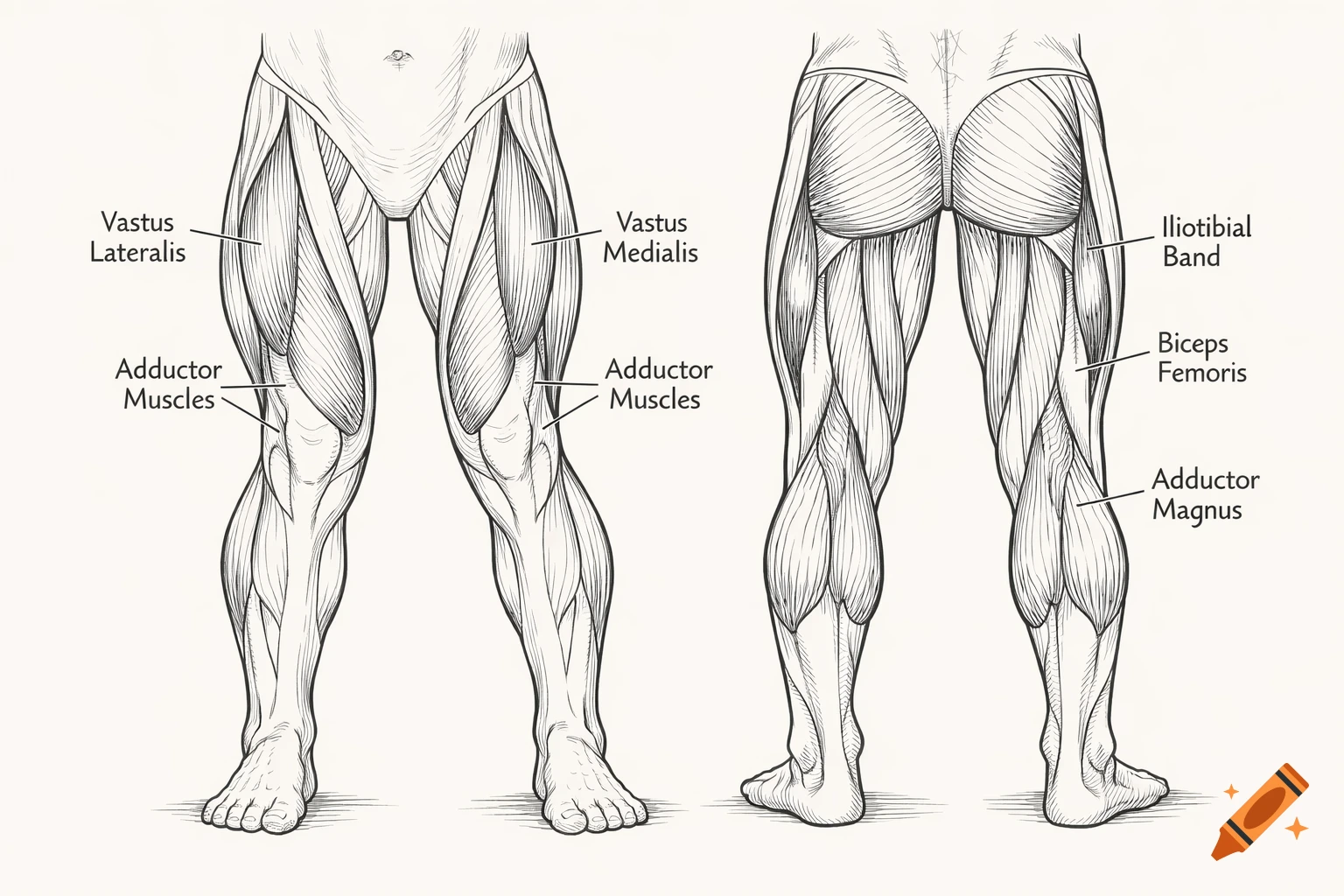 Scientific drawing of human leg muscles, front and back views, with muscle groups labeled.