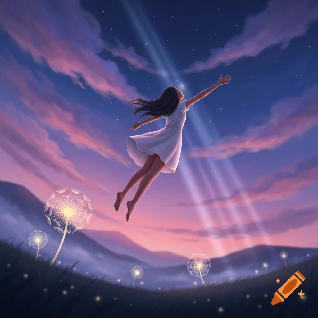 A woman in a white dress flies through a pink and purple twilight sky, reaching for a light beam. Glowing dandelions grow on the ground.
