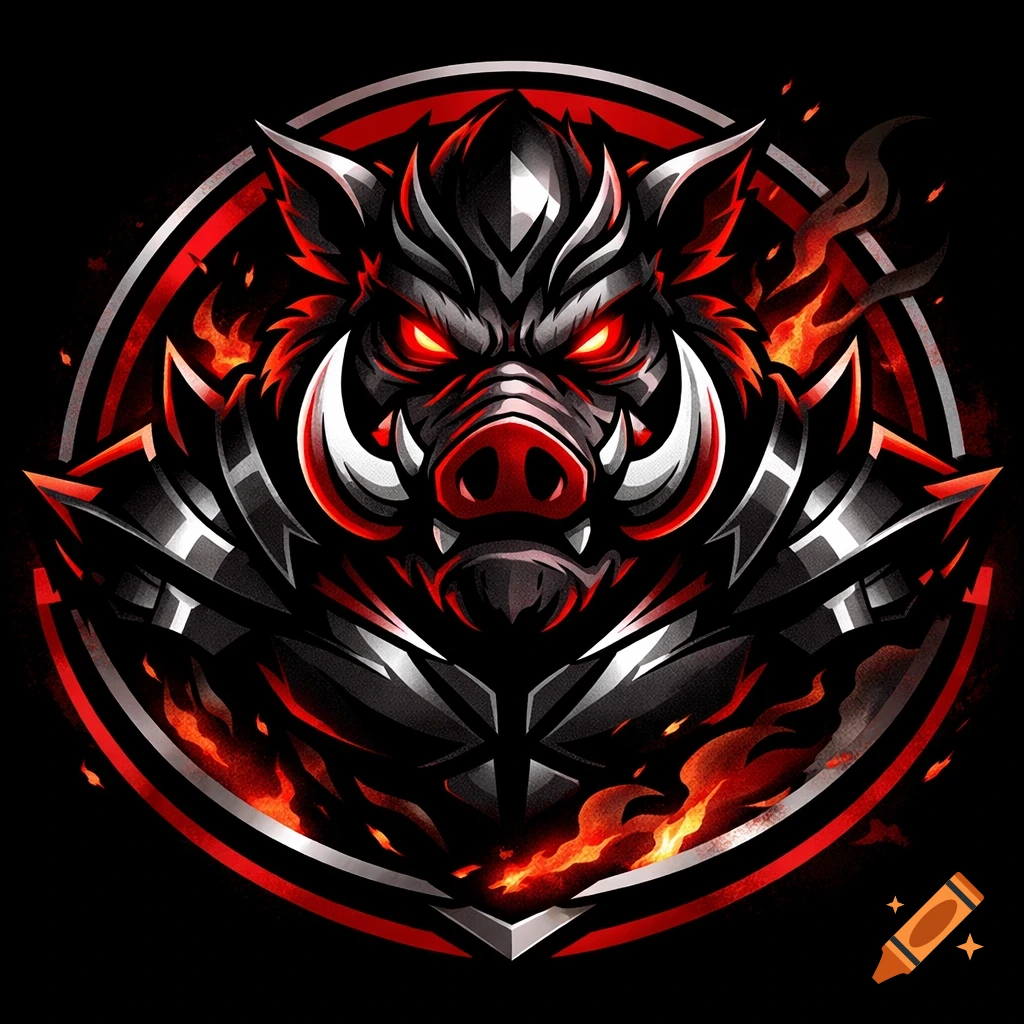 Stylized logo of a fierce black wild boar head with glowing red eyes, large tusks, and red flames, set against a dark background.