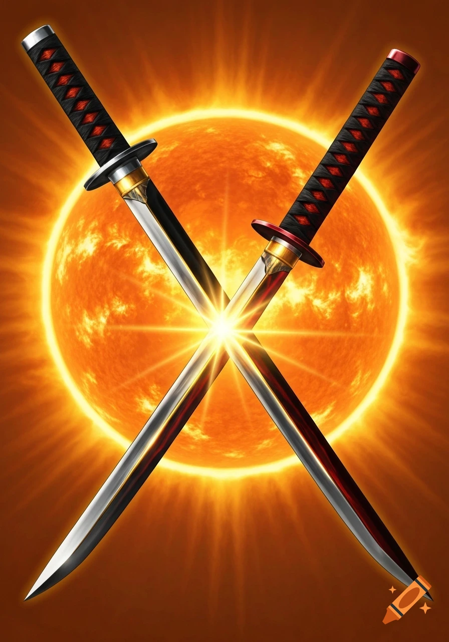 Two black, chrome, and crimson katana blades crossed in an X shape, glowing in front of a blazing amber sun.