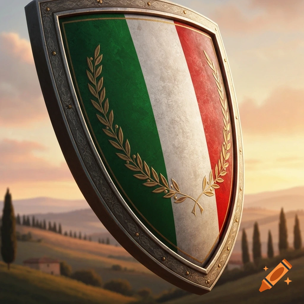 A detailed shield featuring the Italian flag colors and a golden laurel wreath, set against a picturesque, rolling Tuscan landscape at sunset.