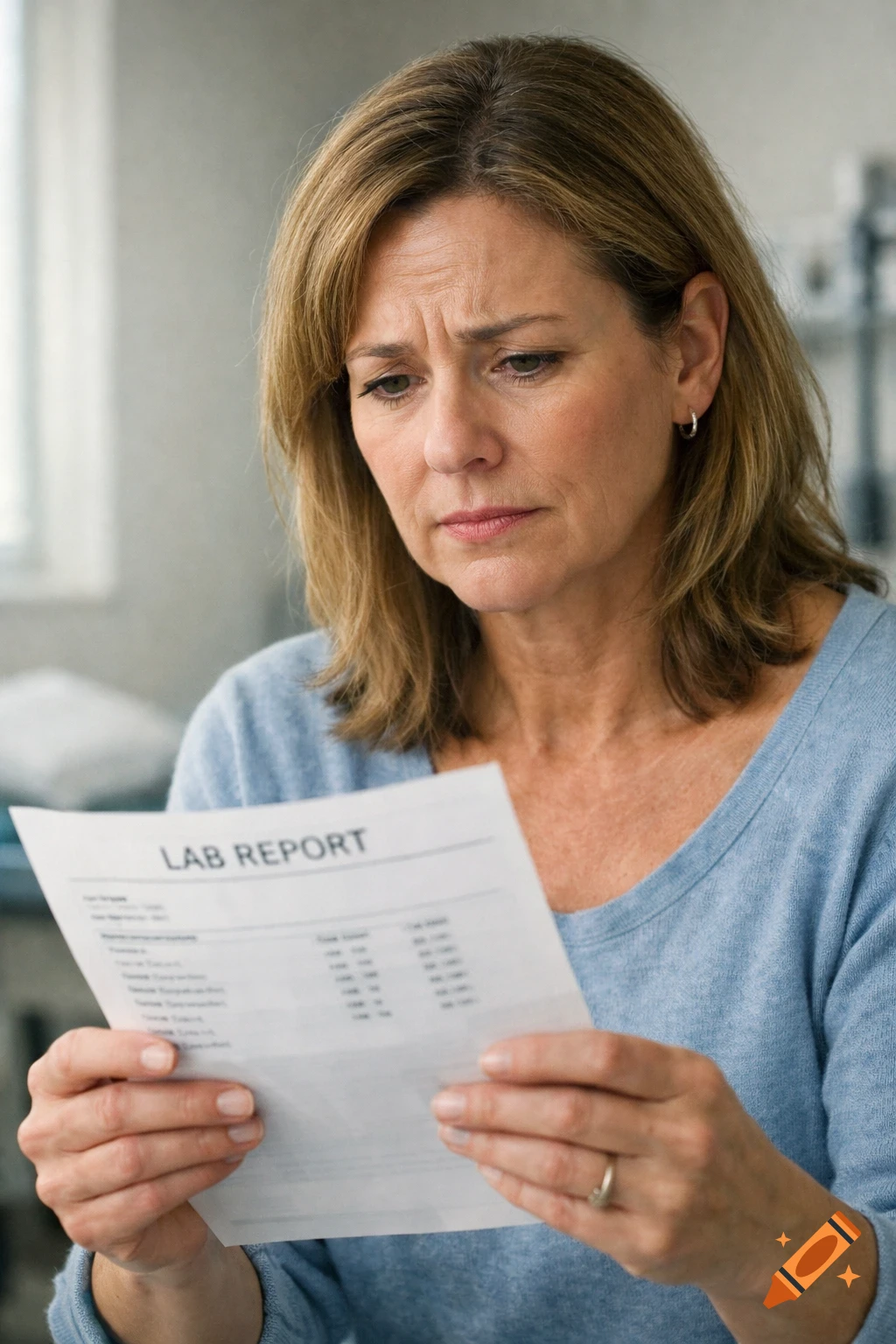 Middle-aged woman with a concerned expression, holding and reading a lab report.