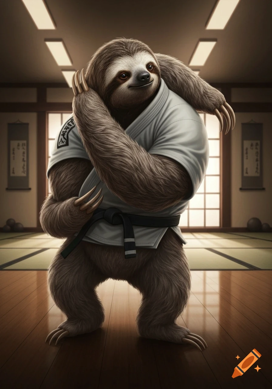 A furry cartoon sloth wearing a white gi and black belt, posing in a traditional dojo with its arms crossed.