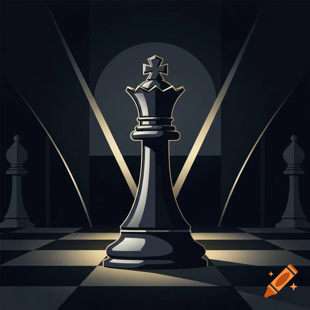 A stylized, dark chess king piece stands centrally on a chessboard with dramatic lighting and abstract background.