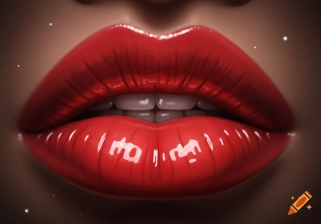 Close-up of a person's mouth with bright red, highly glossy lips and white teeth.