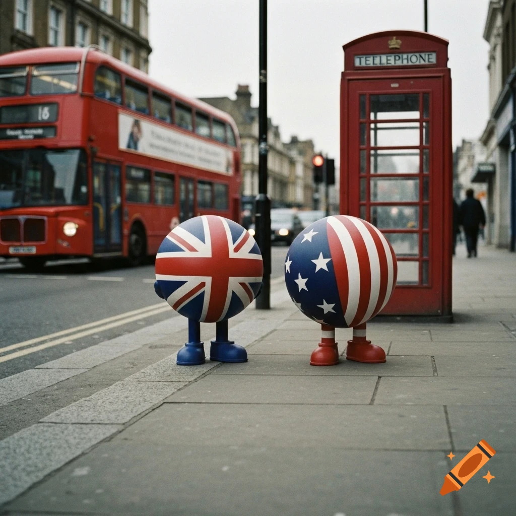 Two personified country balls, UK and USA flags, stand on a London sidewalk with a red double-decker bus and telephone booth in a 90s photo style.