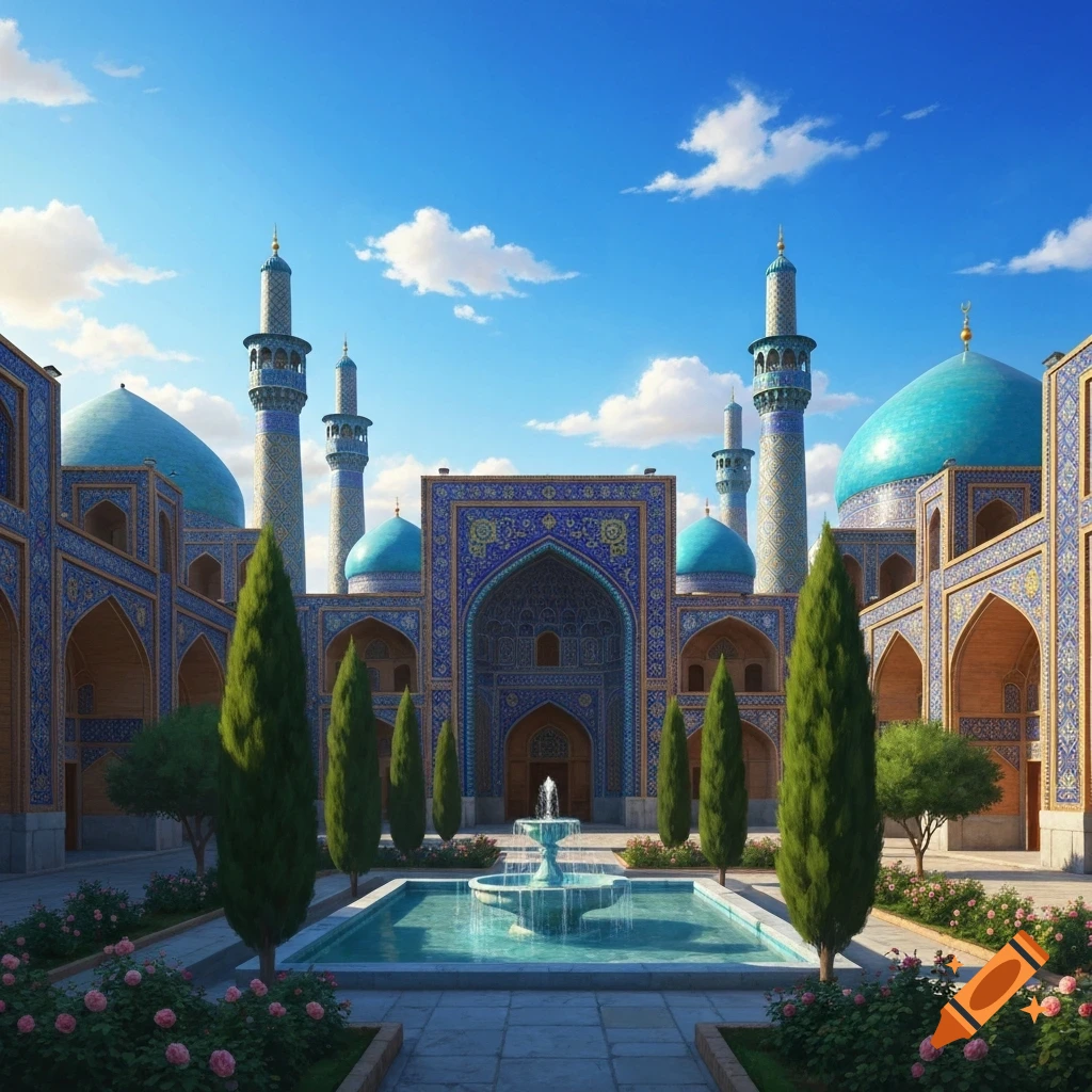 A grand mosque with turquoise domes, tall minarets, and intricate blue tilework, set in a courtyard with a fountain, gardens, and tall trees under a clear blue sky.