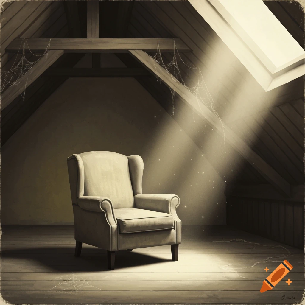 An old, dusty attic with a single armchair illuminated by a sunbeam from a skylight, with cobwebs on wooden beams.