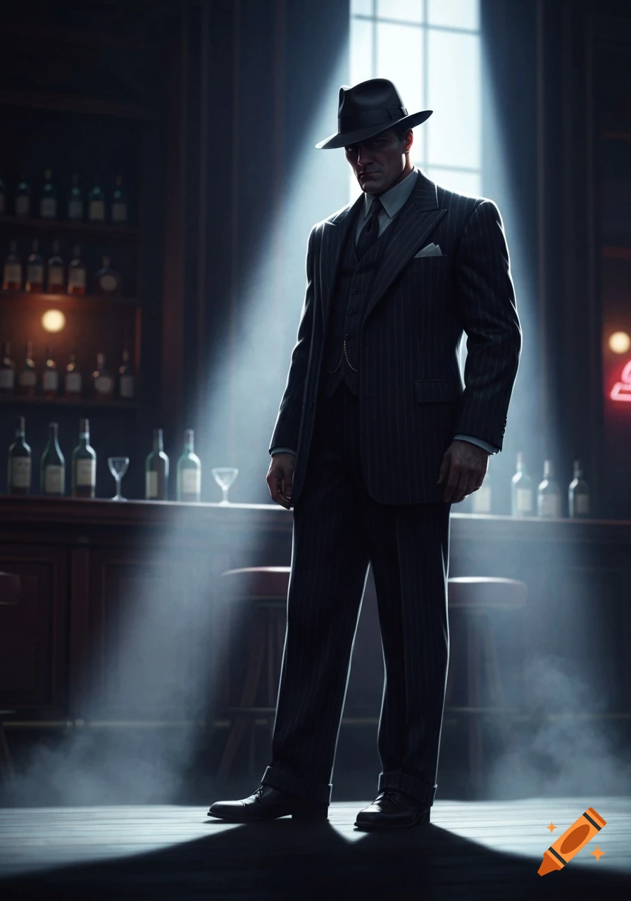 A man in a pinstripe suit and fedora stands in a dark, smoky bar, lit by a spotlight from above.