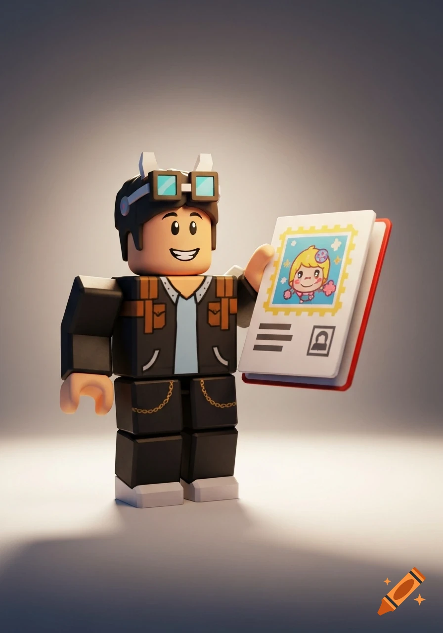 A 3D rendered Roblox-style character with goggles and a jacket holds an open book resembling a passport with a cartoon stamp.