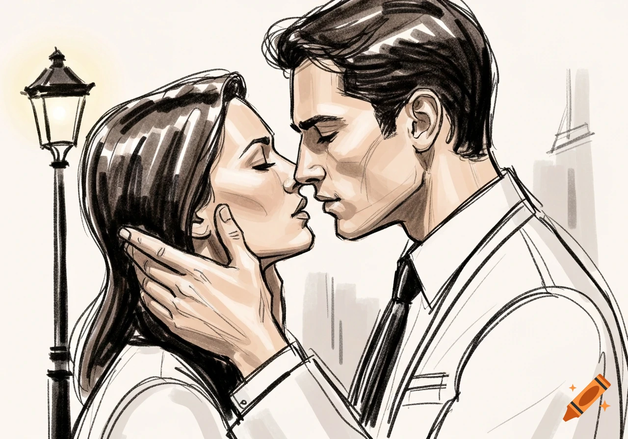 A monochrome sketch illustration of a couple about to kiss under a street lamp, the man's hand cradling her face.