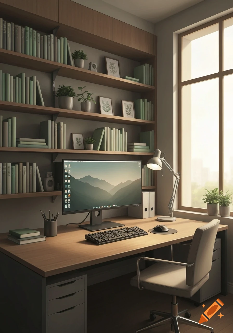 A well-organized home office with a wooden desk, computer, ergonomic chair, and bookshelves filled with books and plants next to a large window.
