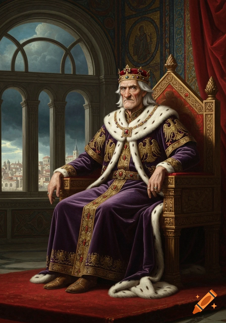 An elderly emperor in a purple and gold robe and crown sits on an ornate throne in a 19th-century oil painting, with a cityscape through a window.