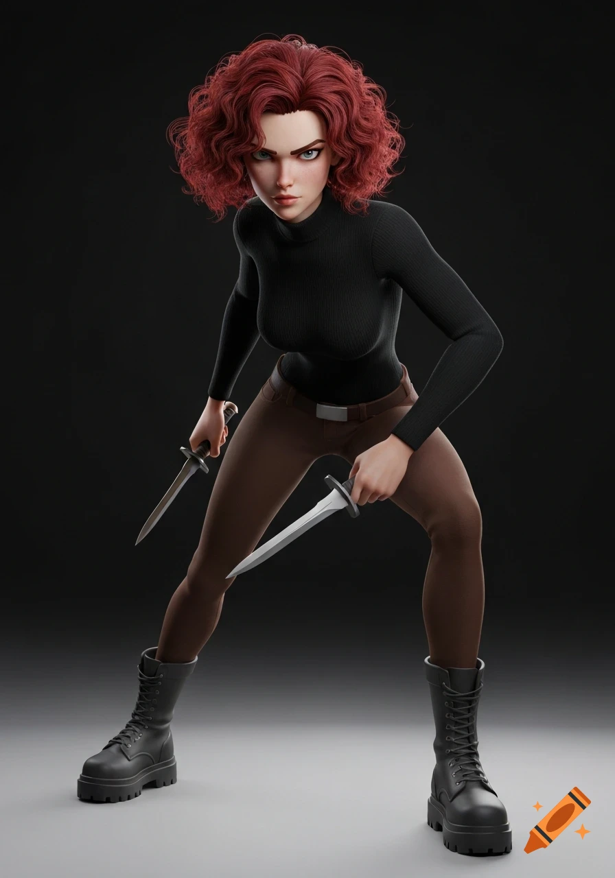 A stylized 3D render of a fierce female character with red curly hair, dressed in black and brown, holding two daggers in a combat stance.